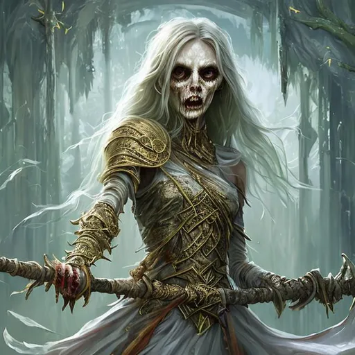 Prompt: Full body splash art of a sweet, youthful, female undead zombie sorceress, mummified face, blue eyes, very long dark blonde hair with thin curtain bangs, skinny, wearing long pastel colored dress, carrying a wooden staff, D&D, dnd, fantasy, highly detailed, sharp focus, digital painting, artstation, 4k, 8k