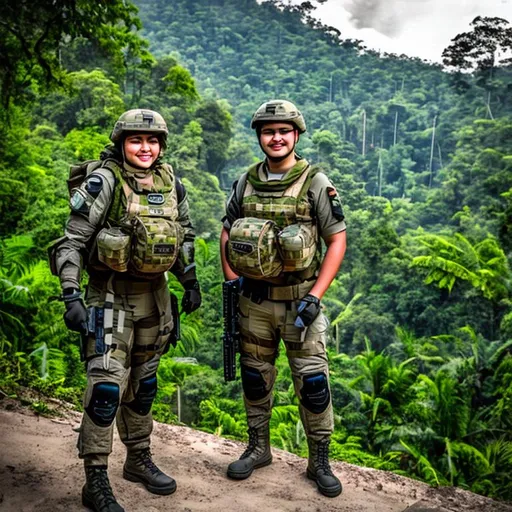 Prompt: jungle patrol, scifi armor, military soldiers, camo plate armor, heavy ruck sacks, beautiful women