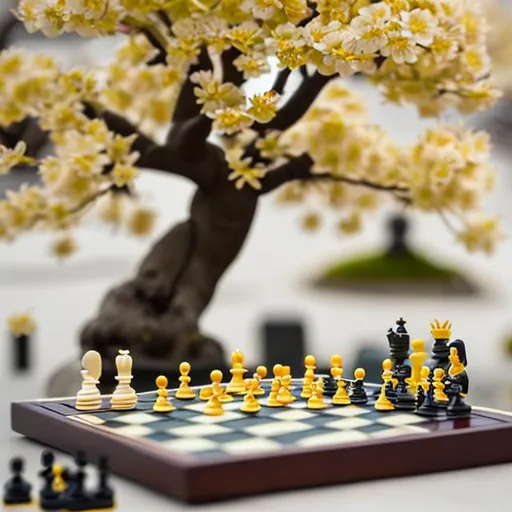 Prompt: tiny people playing chess beside yellow cherry blossom bonsai tree