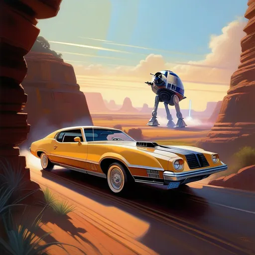 Prompt: Star Wars, car chase, cartoony, sunny atmosphere, extremely detailed painting by Greg Rutkowski and by Henry Justice Ford and by Steve Henderson