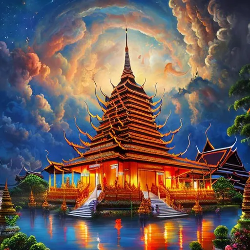 A traditional Thai pagoda floating in the middle of... | OpenArt
