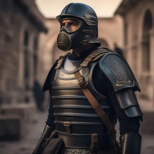 Prompt: A modern roman military male in black military armor galea helmet of roman armor, and gas mask, background D-DAY, Hyperrealistic, sharp focus, Professional, UHD, HDR, 8K, Render, electronic, dramatic, vivid, pressure, nervous vibe, loud, tension, dark, Epic