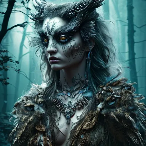 Prompt: highly detailed woman with owl into  dark forest, highly detailed eyes, high resolution scan, 64k, UHD, HDR, hyper realistic, Canon EOS R5, Canon EF 24mm f/1.8 STM, wild context, neon lights, crystal clear photograph, absolutely real.