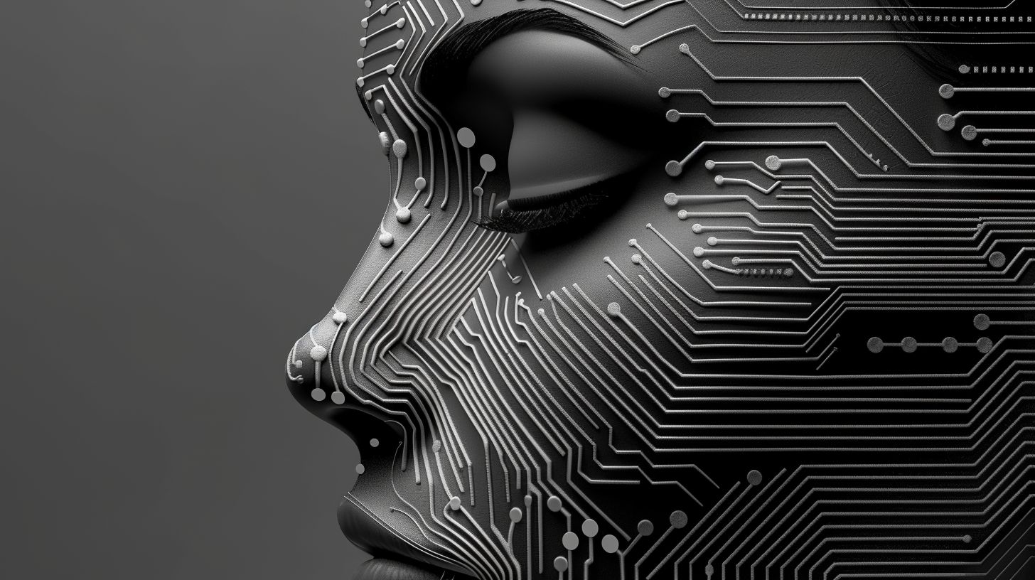 Prompt: abstract figure in a black and white image, in the style of technological marvels, emphasis on facial expression, daz3d, circuitry, computer-aided manufacturing, realistic depictions of human form, symbolic overload