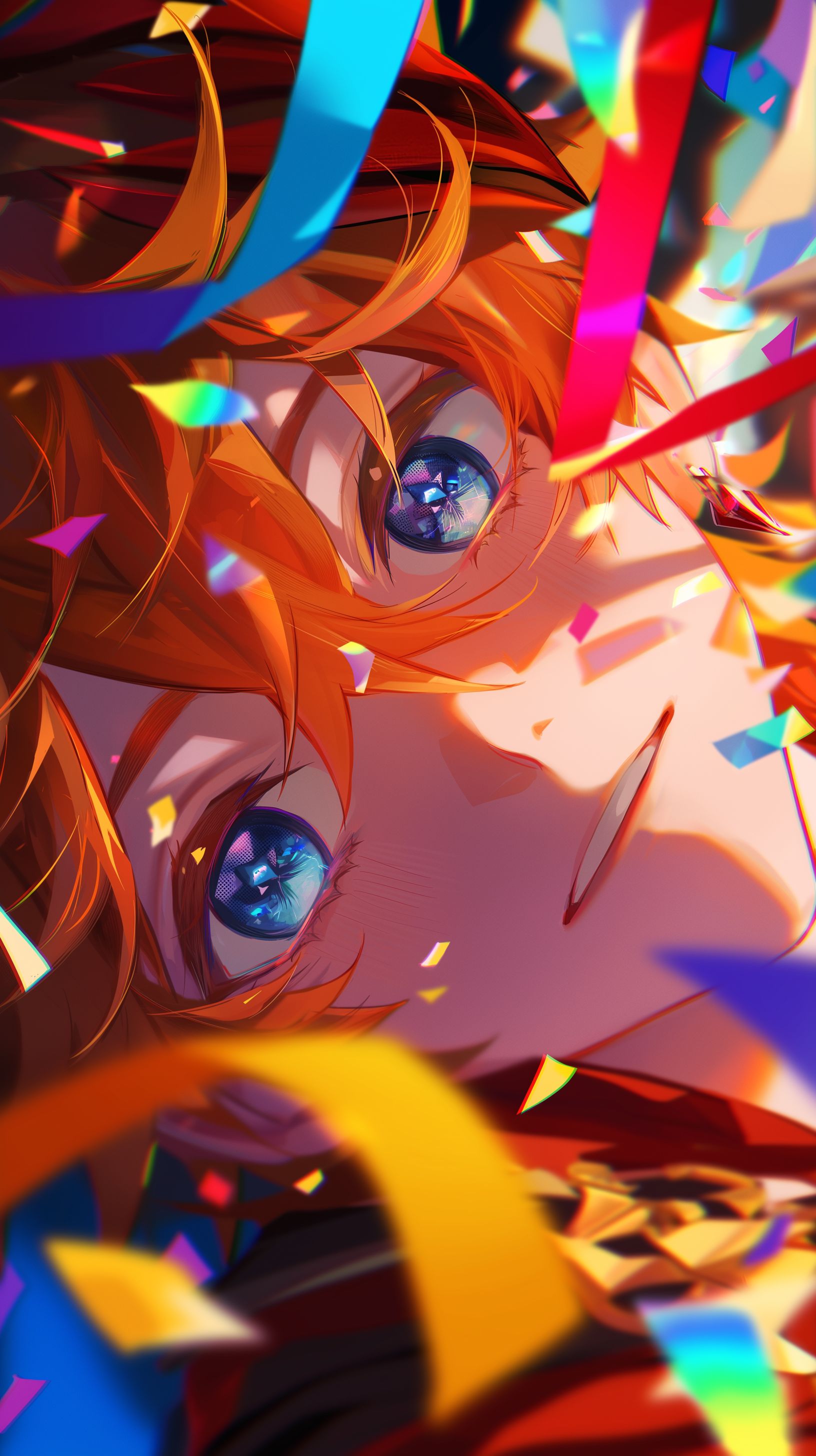 Prompt: Tartaglia from Genshin Impact, surrounded by colorful pride-themed decorations and confetti, close up on his eyes with rainbows reflecting in them --niji 6 --ar 9:16