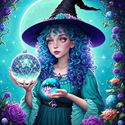 witch with curly teal hair, using crystal ball, wear...