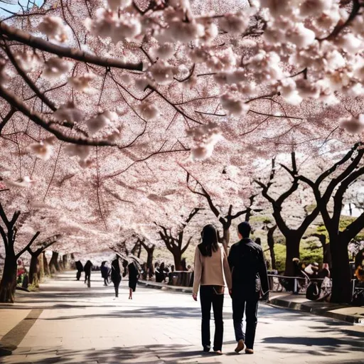 Prompt: Two lovers under the cherry blossom tree holding hands in a distance
