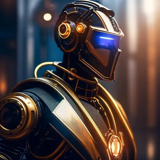 Prompt: Please produce a photograph of a steampunk robotic handsome android, dark skin, with fantasy colors, flashy lights, in a dark background, high quality, trending art, trending on artstation, sharp focus, studio photo, intricate details, highly detailed, UHD, HDR, 8K, ((Masterpiece))