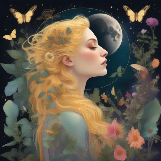 Prompt: A profile beautiful and colourful picture of Persephone with pure gold hair surrounded by plants, moths and animals framed by the moon and constilations