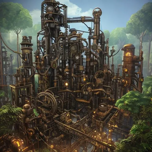Prompt: steampunk factory in the jungle