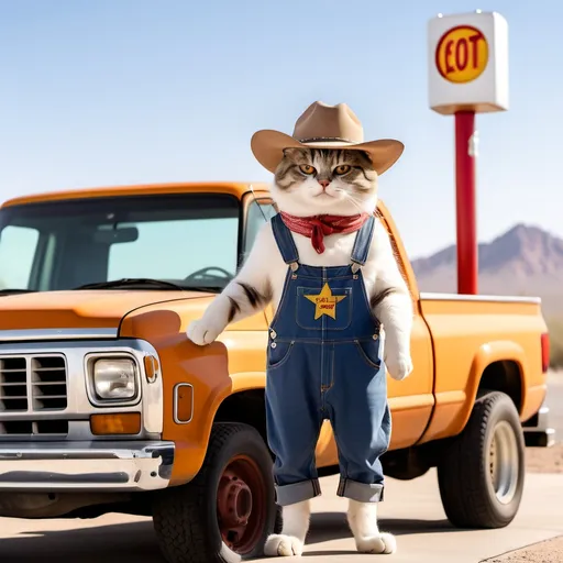 Prompt: A cat wearing overalls and a cowboy hat filling up a truck with gas at gas station located in the desert