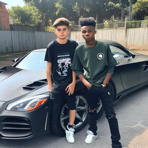 Prompt: 18-year-old boy next to Benz