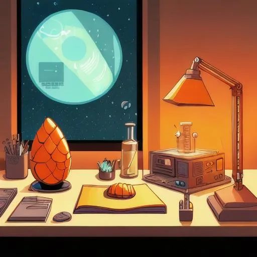 Prompt: An sci-fi-themed illustration of a scientist's cluttered desk featuring a cantaloupe-sized glowing orange rock.