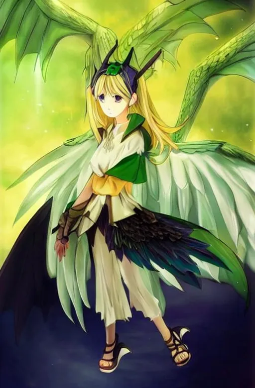 Prompt: Anime Girl((turn dragon into anime girl with beautiful wings))((short blonde hair and green outfit))((white dragon wings with green oval pattern on each wing))((she is shining in the light))