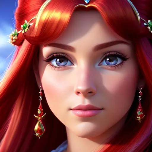 Prompt: a realistic feminine princess, Rapunzel, but with red hair, HD
