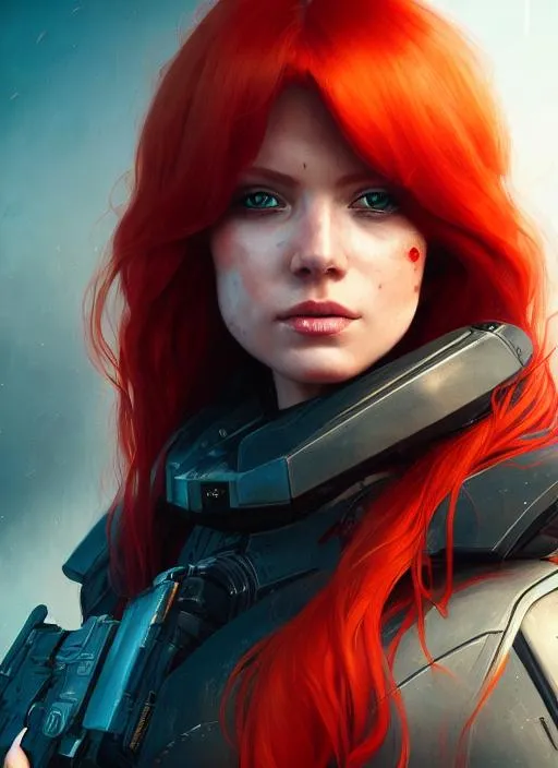 Prompt: Portrait of female bounty hunter with red hair and with cute face, futuristic background, perfect composition, hyperrealistic, super detailed, 8k, high quality, trending art, trending on artstation, sharp focus, studio photo, intricate details, highly detailed, by greg rutkowski