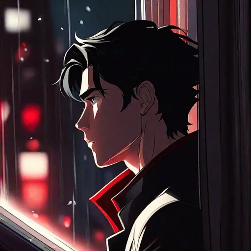 Prompt: Damien (male, short black hair, red eyes) staring out the window, in love