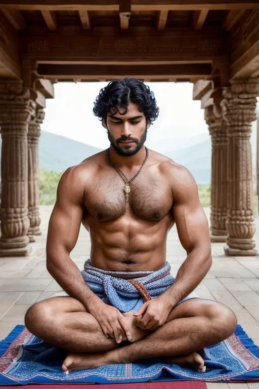 Prompt: portrait of "tall lean "rugged muscular hypermasculine" young king hunk", closed eyes, sitting meditating, dhoti, in the middle of a "mammoth temple", "blissful" goodlooking, with black hair and with rugged face, very hairy chest and armpits,People in the crowd are hypnotised at the man, arena, perfect composition, hyperrealistic, super detailed, 8k, high quality, trending art, trending on artstation, sharp focus, studio photo, intricate details, highly detailed, by greg rutkowski
