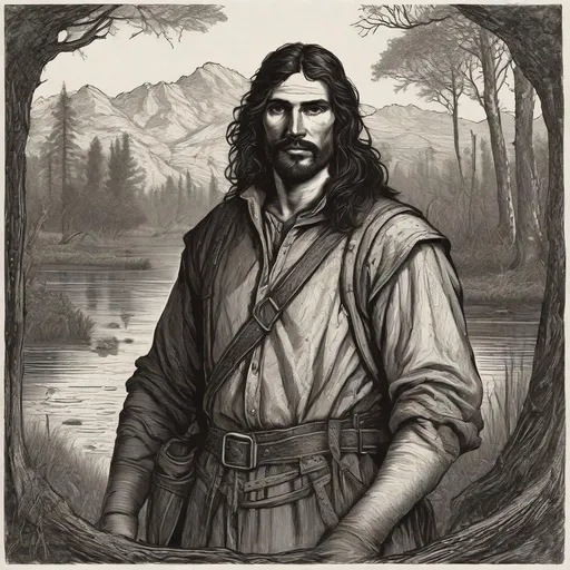 Prompt: black and white Engraving, half total,  grim sturdy european adventurer, empty look, brown eyes, black long wet hair, outworn medieval sturdy adventurer clothing, medieval fantasy setting, symmetrical detailed face, medieval swamp in the background, extremely detailed,