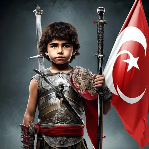 Prompt: warrior boy holding turkish flag with sword