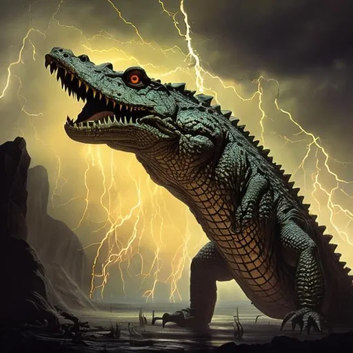 Prompt: A massive creature that looks similar to a crocodile, with six legs and four wings, exuding lightning bolts