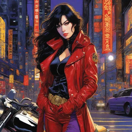 Prompt: Third person, high quality, high resolution, detailed, portrait, motorcyclist, vampire, tanned white skin, bright purple eyes, long wavy black hair, confident and imposing young woman holding a motorcycle helmet, red and gold coat with cuffed pants and tall boots with gold straps, vibrant city at night, manga style, Studio Ghibli, detailed print by Hayao Miyazaki, 