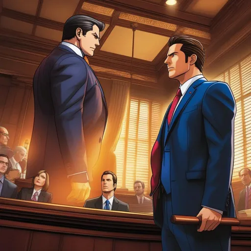 Prompt: Phoenix Wright, the renowned defense attorney from the Ace Attorney series, faces off against Saul Goodman, the cunning lawyer from Breaking Bad and Better Call Saul. The courtroom is filled with tension as these skilled legal minds prepare to battle it out. ((Capture the intense courtroom drama, with dramatic lighting, casting long shadows across the room.)) Phoenix Wright, dressed in his iconic blue suit and holding his trademark pointing finger, exudes determination, while Saul Goodman, in his flashy suits and slicked-back hair, appears confident and smug. ((Surround the characters with stacks of legal documents, folders, and law books, symbolizing their expertise and dedication to the profession.)) The judge, sporting a stern expression, presides over the scene, with a gavel in hand, ready to maintain order. ((Add a wooden witness stand, where a nervous witness anxiously awaits their turn to testify.)) The atmosphere is charged, with the spectators on the edge of their seats, waiting for the suspenseful outcome of this legal showdown.