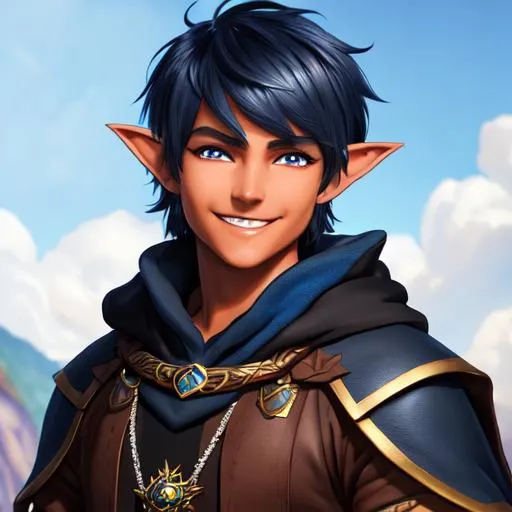 Prompt: oil painting, D&D fantasy, tanned-skinned-gnome man, tanned-skinned-male, short, short bright black and blue hair, bangs hair, smiling, pointed ears, looking at the viewer, Wizard wearing intricate wizard outfit, #3238, UHD, hd , 8k eyes, detailed face, big anime dreamy eyes, 8k eyes, intricate details, insanely detailed, masterpiece, cinematic lighting, 8k, complementary colors, golden ratio, octane render, volumetric lighting, unreal 5, artwork, concept art, cover, top model, light on hair colorful glamourous hyperdetailed medieval city background, intricate hyperdetailed breathtaking colorful glamorous scenic view landscape, ultra-fine details, hyper-focused, deep colors, dramatic lighting, ambient lighting god rays, flowers, garden | by sakimi chan, artgerm, wlop, pixiv, tumblr, instagram, deviantart