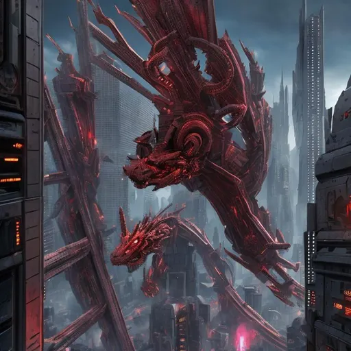 Prompt: Robotic dragon named ZEB RED, THE numbers 5011 on its left wing, destroys the futuristic city of landu.
The carnage is everywhere. 