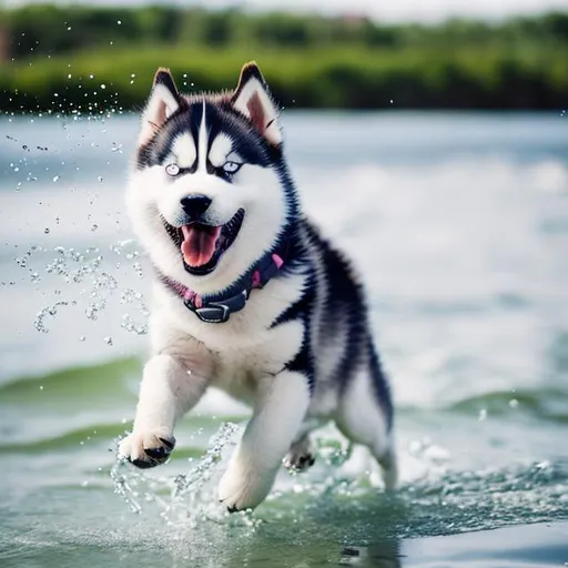 Prompt: 
Joyful photo of a husky puppy splashing water at the beach, canon eos r3