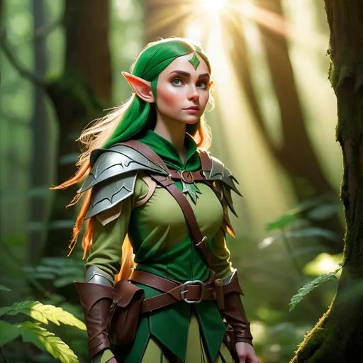 Prompt: Elf ranger in a mystical forest around sunlight