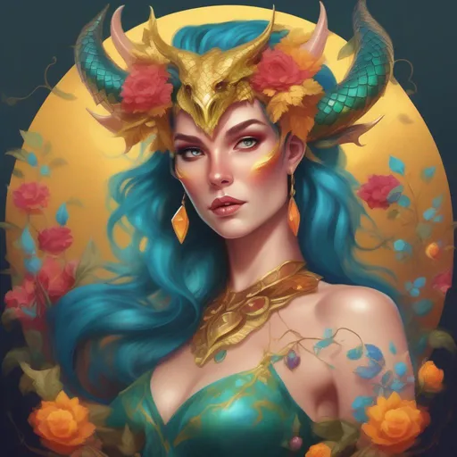 Prompt: A colourful and beautiful Persephone, she is a dragon woman, with scales for skin, horns and gold  and gems for hair, in a painted style