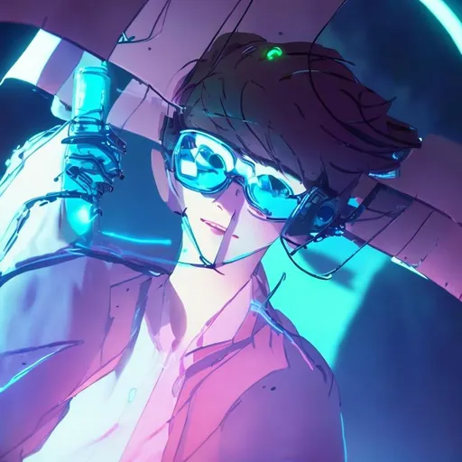 Prompt: a cute white blouse boy wearing protective glasses and one his hand holding a glass PDA like subnautica one, behind him is cyberpunk city. his glasses and earphone glow