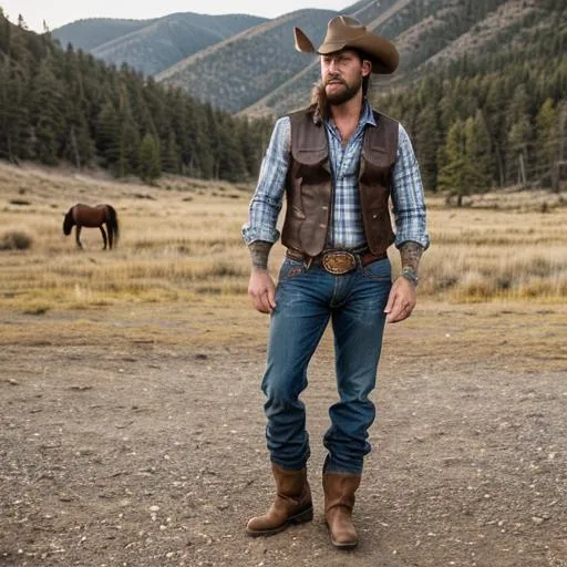 Prompt: 6'4" modern male cowboy, burly, rugged, hairy, tattoos, tight wrangler jeans, cowboy boots, brown leather vest, plaid shirt, gun holster attached at belt and thigh, on a ranch, watching horses, dynamic pose, full body