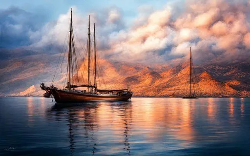 Prompt: schooner opart moire cycladic tranquility, chiaroscuro tenebrism hdr gloaming bokeh 