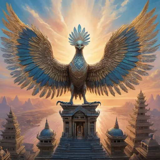 Prompt: "Ultra-detailed scene featuring a majestic Arakoa, a winged humanoid with iridescent feathers, standing at the edge of an ancient floating temple. The Arakoa's wings shimmer in hues of gold, silver, and azure, with intricate patterns glowing faintly. Behind them, the skies are painted with a vibrant sunset, casting warm hues over a mystical, floating city filled with ethereal architecture. The temple is adorned with glowing runes and celestial symbols. The landscape below reveals lush, enchanted forests and glowing rivers. The atmosphere is charged with magic, and the overall scene is bathed in otherworldly light. The artwork has fine, high-fidelity details, with holographic effects on the wings and the temple’s structures, capturing a rare and awe-inspiring essence."