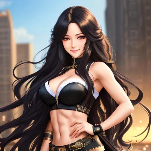 Prompt: extremely realistic, hyperdetailed, extremely long black wavy hair anime girl, blushing, smiling happily, wears steampunk clothing, toned body, showing abs midriff, highly detailed face, highly detailed eyes, full body, whole body visible, full character visible, soft lighting, high definition, ultra realistic, 2D drawing, 8K, digital art