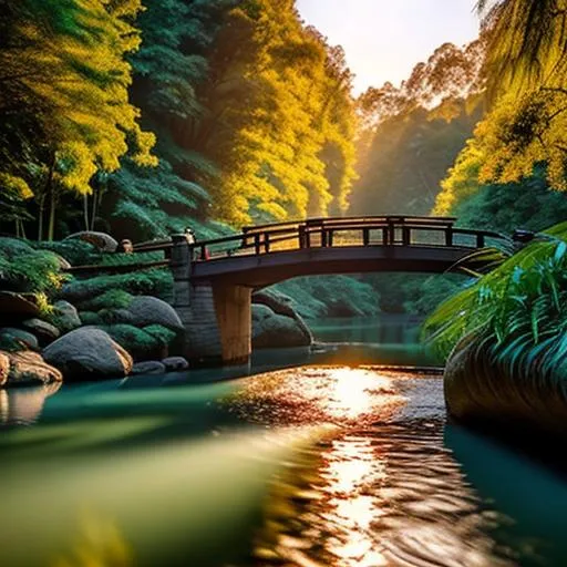 Prompt: river, soft dramatic lighting,
light shafts, radiant, bamboo, arched bridge, ultra high quality octane render, daytime forest background, bokeh, hypermaximalist