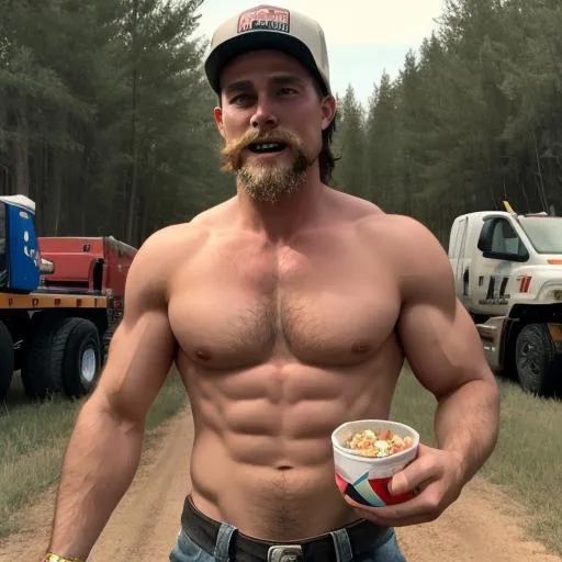 Prompt: shirtless Hillbilly redneck eating his trucks