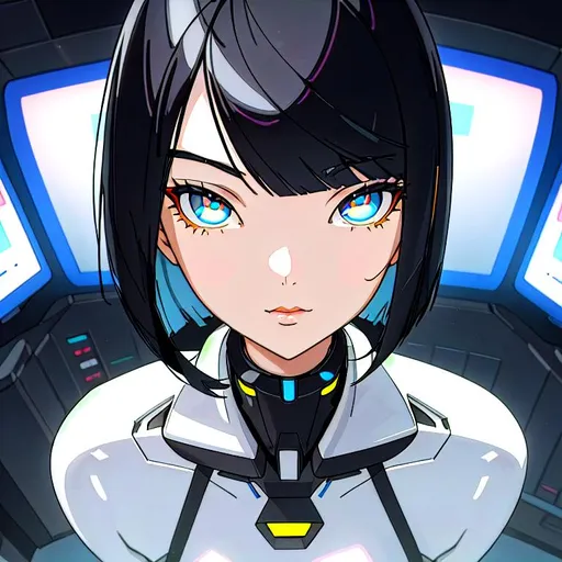 Prompt: a lonely AI girl, very tall, thick thighs, wide hips, long legs, slender waist, big beautiful symmetrical eyes, intriguingly beautiful face, aloof expression, bob haircut with bangs, 90's Computer Graphics render style, 12K resolution, hyper quality, hyper-detailed, depth of field