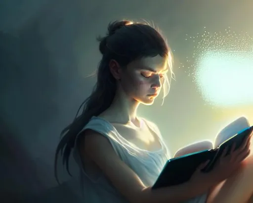Prompt: Portrait of a girl reading through the whole image as effect particles, highly detailed, digital painting, concept art, smooth, sharp focus, illustration, Unreal Engine 5, 8K, art by Greg rutkowski