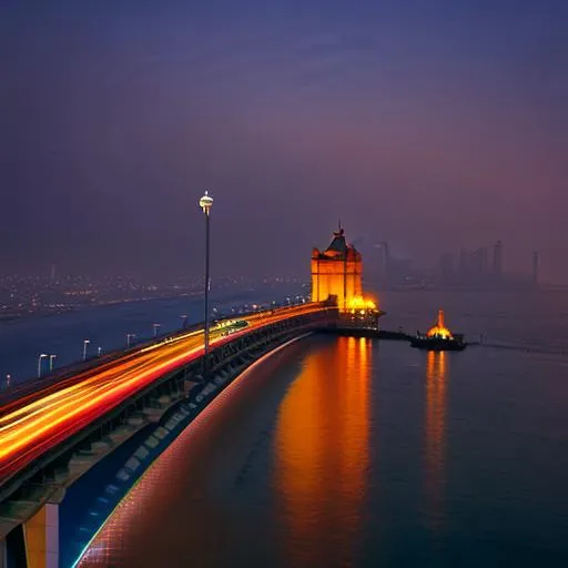 Prompt: Mumbai, futuristic, 2090's, local trains, metros, marine drive, sealink, gateway of india, taj hotel, cityscape, infrastructure, transportation, people,, moody, evening, cinematic,