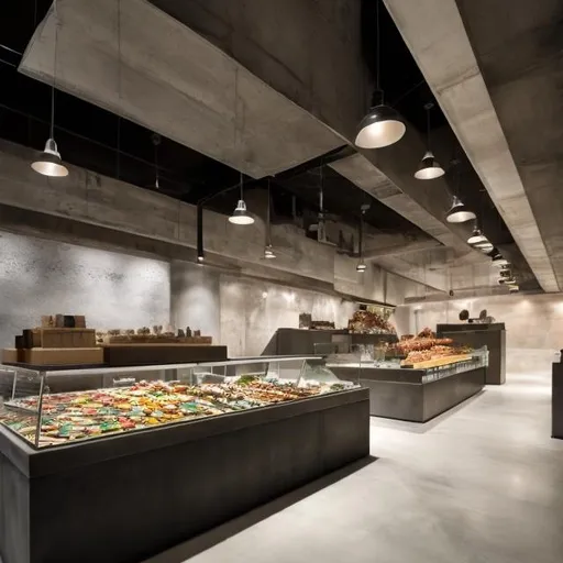 Prompt: Please Create a high-end food hall that uses concrete and creative lighting to enhance the user experience, the hall is y shaped and holds many different counters as well as displays for chocolates and other goods  