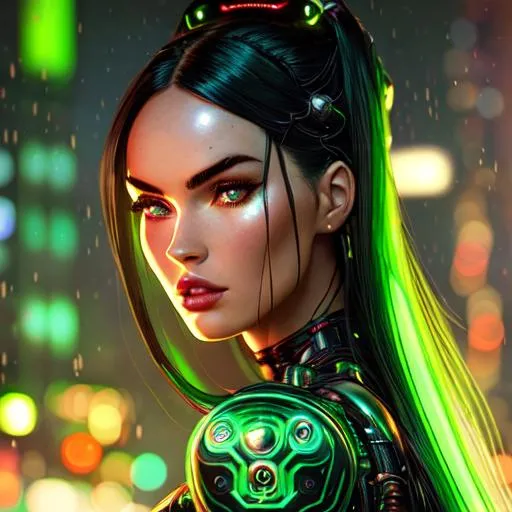 Prompt: CREEPY Android Woman , Megan Fox, Pixar Style Eyes, Glow in Hair, intricately flowing hair, Cyborg GREEN GLOW Body, Intricate  RED metal lace body armor, 50mm (((face))), Cyberpunk garden in the background, cinematic Shot, intricate details, Cinematic lighting, Soft light, ornamental artwork by Tooth wu and Beeple, insane details, photorealistic 