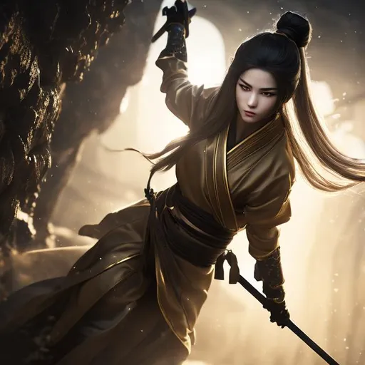 Prompt: create best quality photograph of beautiful elite female ninja in gold and white ninja style robes, Most beautiful ninja style background, detailed face, extremely detailed environment, extremely detailed background, extremely detailed skin, extremely detailed clothing, natural colors , professionally color graded, photorealism, 8k, realistic, moody lighting, ambience lighting, galactic environment, volumetric lighting