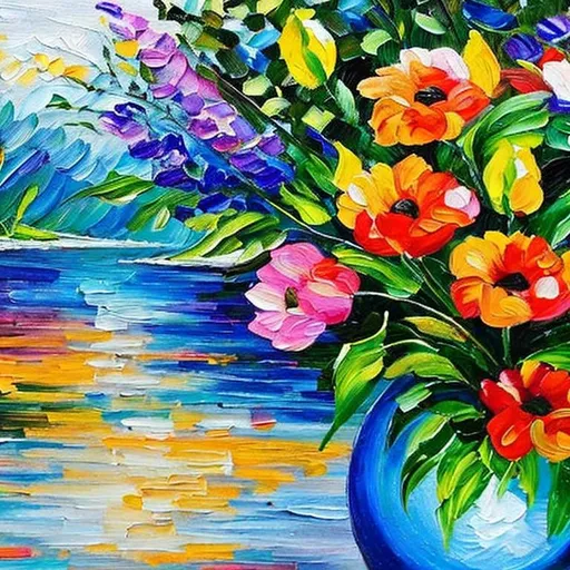 Prompt: create realistic oil painting of flowers on canvas, no frame, visible brush strokes, 4k, inspired by leonid afremov, abstract