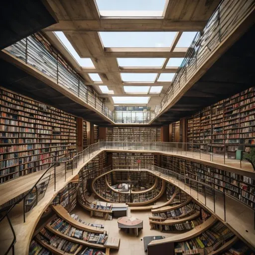 Prompt: a large multi story library filled with books and with brutalist architecture and lots of skylights and foot paths  and a spiral staircase in the center of the room