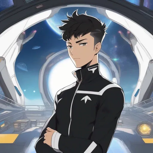 Prompt: Whole figure, full body. a scifi male sailor in star trek uniform. Black uniform and white details. In background a spaceship deck anime art. 2d art. akira art. 2d.