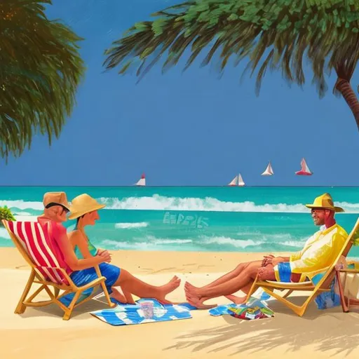 Prompt: A happy couple Relaxing on a beach in Barbados drinking local beer in the style of Hockney