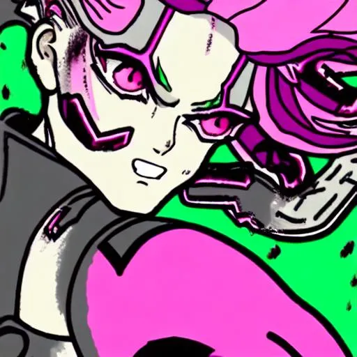 Prompt: a JoJo’s Bizarre Adventure stand. Pink and black are the main color schemes. It has gray eyes. Pink hair with gray bangs that are shoulder-length. looks almost like a mix of Golden Experience Requiem, Spicy Lady, and Hierophant Green. minimal muscle-mass